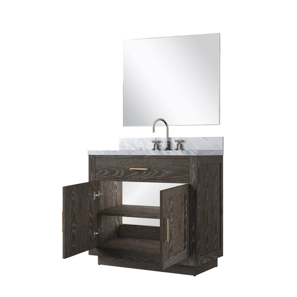 English Elm Brown Oak Single Bath Vanity Set With Carrara Marble Top, Chrome Faucet & 34" Frameless Mirror Included B2731S01952