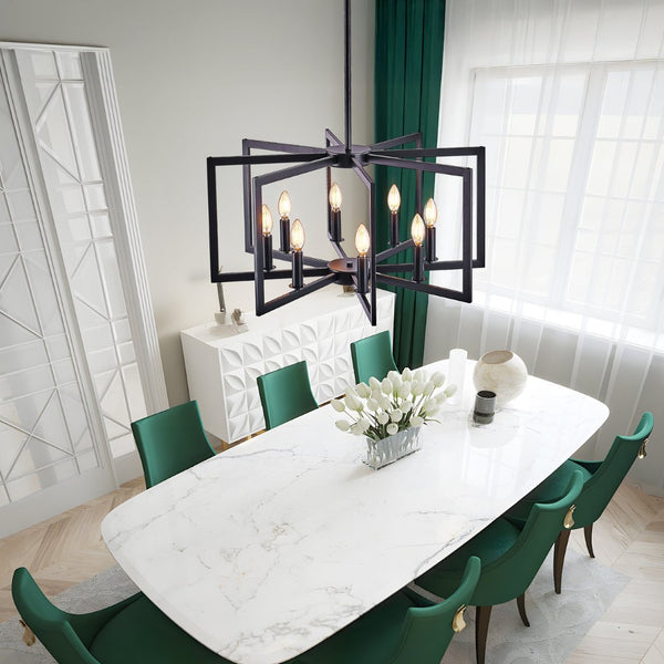 English Elm 27" Eight Light Matte Black Iron Geometric Chandelier for Dining and Living Spaces W1340P279980