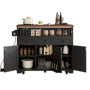 English Elm K&K 46.5'' Farmhouse Kitchen Island Cart with Beaded Drapes, Drop Leaf, Power Hub, Ample Storage Black N707P254872B