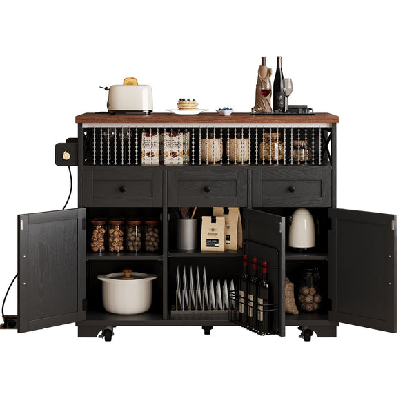 English Elm K&K 46.5'' Farmhouse Kitchen Island Cart with Beaded Drapes, Drop Leaf, Power Hub, Ample Storage Black N707P254872B