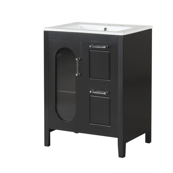 English Elm 24" Modern Bathroom Vanity with Ceramic Sink, Solid Wood & MDF Cabinet, Two Drawers, Shelf Black N725P245273B