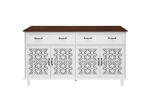 English Elm Vintage Farmhouse Sideboard with Hand-carved Doors Two-tone Distressed Wood Finish W688P360028