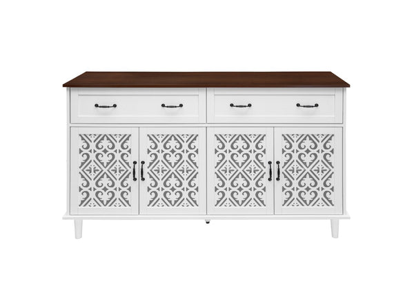 English Elm Vintage Farmhouse Sideboard with Hand-carved Doors Two-tone Distressed Wood Finish W688P360028