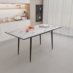 English Elm 47"-63" Extendable Marble Print Dining Set Four Suede Chairs Modern White Mdf Table W2189S00929