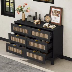 English Elm Rustic Farmhouse Wooden Dresser with 6 Drawers and Metal Handles — Spacious Storage, Stylish Bedroom Accent Black 52.17 L x 18.5 W x 11.81 H WF530908AAB