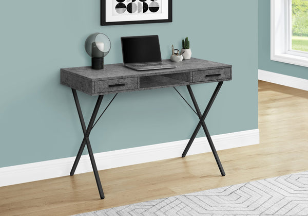 English Elm Computer Desk For Small Spaces – Stylish Grey Laminate With Black Metal Base, 2 Drawers & Shelf B2710P219956