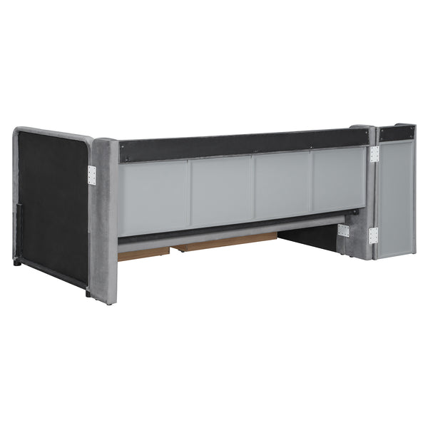 English Elm Twin Upholstered Daybed with Velvet Finish, High Back Shelves, Flip Cabinets, Drawers & Side Table Gray SF000196AAE