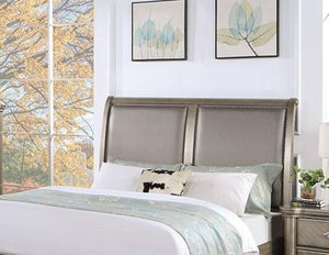 English Elm 1pc California King Faux Leather Panel Bed Glam Silver Trim Footboard Storage B011S02106