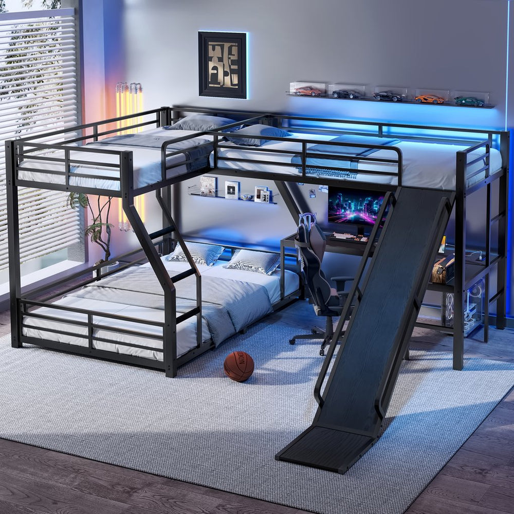 English Elm L-Shaped Triple Bunk Bed With Slide, Usb Ports, And Space-Saving Design For Kids & Teens, Black W1580S00277