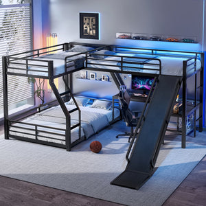 English Elm L-Shaped Triple Bunk Bed With Slide, Usb Ports, And Space-Saving Design For Kids & Teens, Black W1580S00277