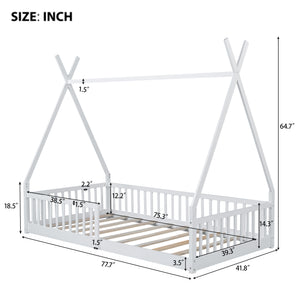 English Elm Twin House Bed with Roof and Fence for Kids – Sturdy Pine Frame, Vintage Wash Design, Safe Sleep Space White N709P183348K