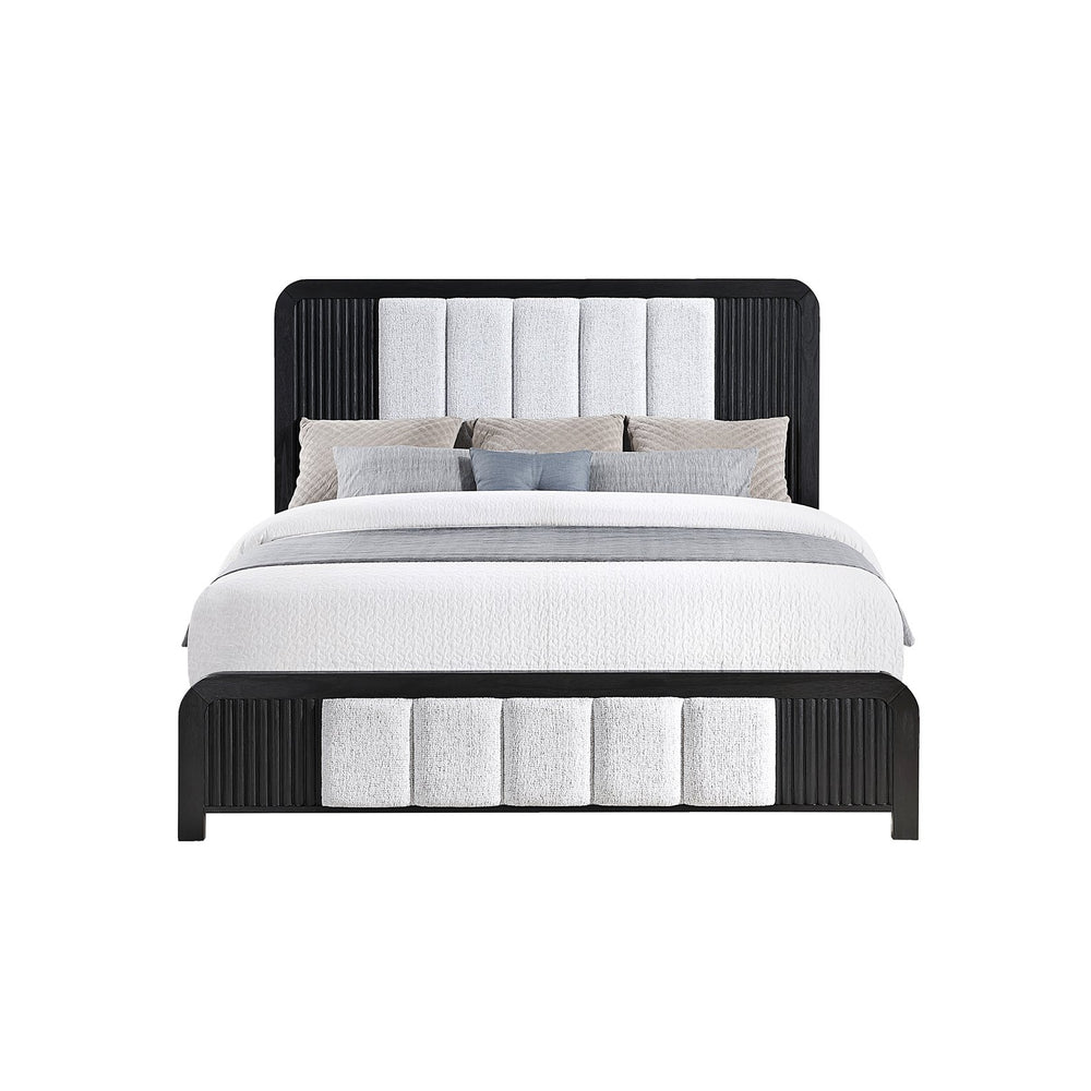 English Elm Beverly Solid Wood Bed with Fluted Detailing and Plush Upholstered Headboard, Low Profile Design Black and White King B201S00418