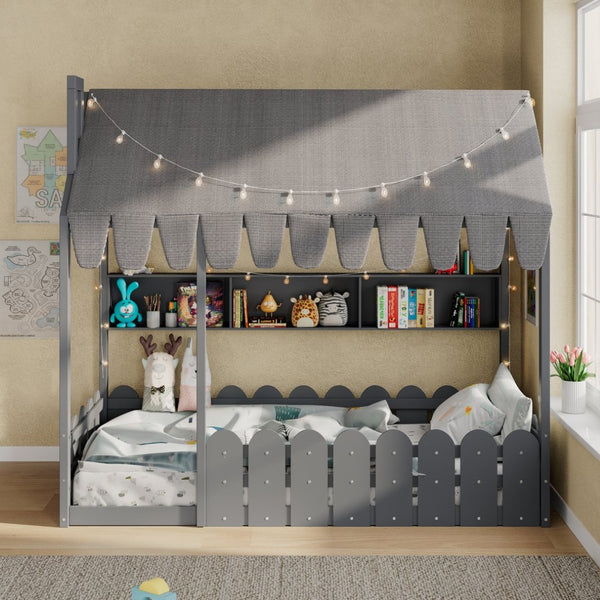 English Elm {slats Are Not Included} Twin Montessori House Floor Bed Kids Tent Lights Shelves Pinewood Frame Gray N708P407962E