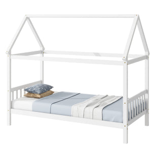English Elm Twin House Bed with Headboard and Footboard — Space-Saving Rubberwood Frame, Playful Architectural Design White W504P225951