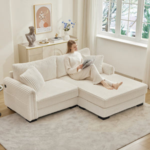 English Elm 2-Seater Corduroy L-Shaped Chaise Sofa with USB-C Charging, Storage Pocket, Reversible Design Beige W2606S00004