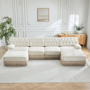 English Elm 4-seater Cloud Sectional with Ottomans Button Tufted Fleece Tassel Skirt Sofa W714S01690