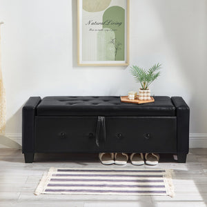 English Elm 48" Storage Ottoman Bench with Tufted Faux Leather Upholstery, Solid Wood Frame & 300lb Capacity Black W1097P338776