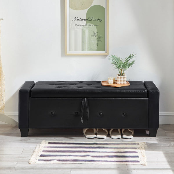 English Elm 48" Storage Ottoman Bench with Tufted Faux Leather Upholstery, Solid Wood Frame & 300lb Capacity Black W1097P338776
