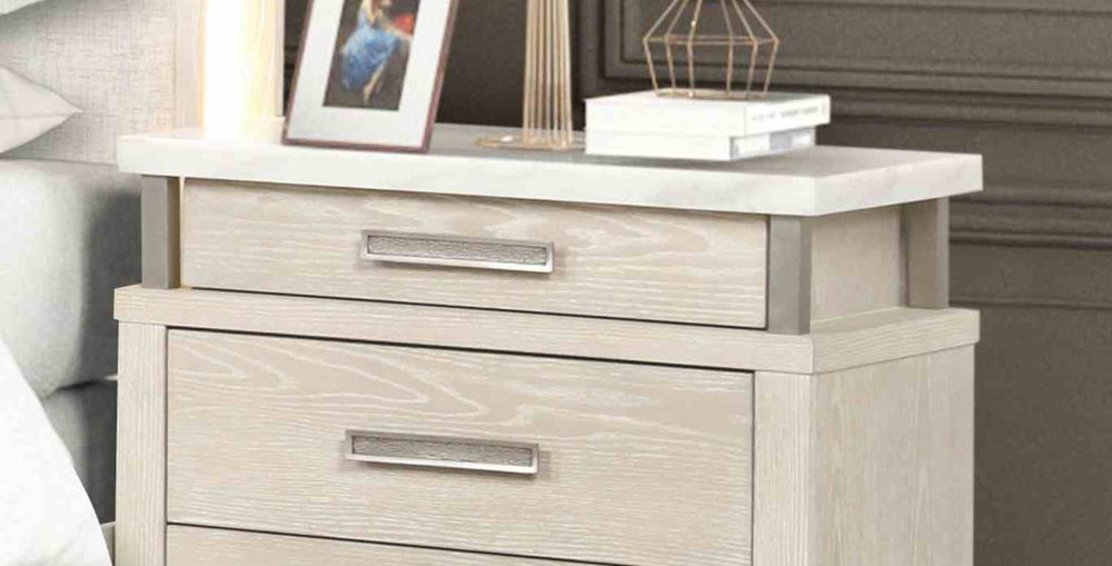 English Elm Transitional Marble Top Nightstand Weathered Gray Finish with Three Felt Lined Drawers B2741P431081