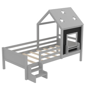 English Elm Full Bunk Bed with Trundle Bookshelf Storage Pine Frame Car Design for Kids Gray W1580S00294