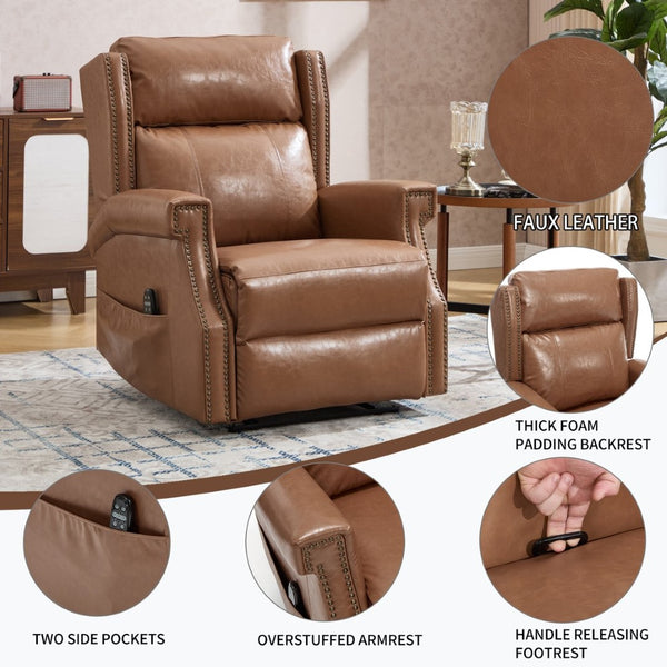 English Elm Emon's Overstuffed Chenille Power Lift Recliner with Massage Heat and Charging Ports Camel W1803S00093