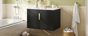 English Elm 30" Vintage Bathroom Vanity with Ceramic Sink — Wall-Mount MDF & Solid Wood Cabinet, Storage, Sleek Finish Black N710P214100B
