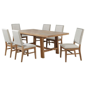 English Elm Carlos Pine Trestle Dining Set Seats Six with Nailhead Upholstered Chairs Natural Finish B062S01802