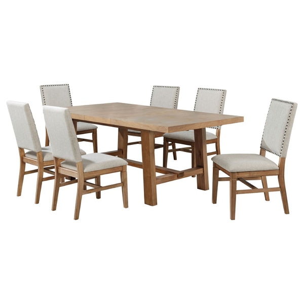 English Elm Carlos Pine Trestle Dining Set Seats Six with Nailhead Upholstered Chairs Natural Finish B062S01802