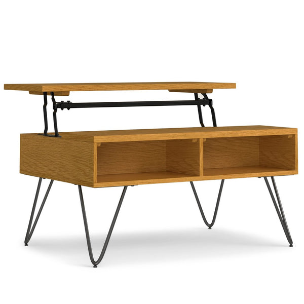 English Elm Hunter Solid Oak Lift Top Coffee Table with Hidden Storage and Iron Hairpin Legs B136P429091