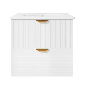English Elm Modern 24-Inch Wall-Mounted Bathroom Vanity with 2 Drawers, Gold Handles, Space-Saving Luxury White WF324047AAK