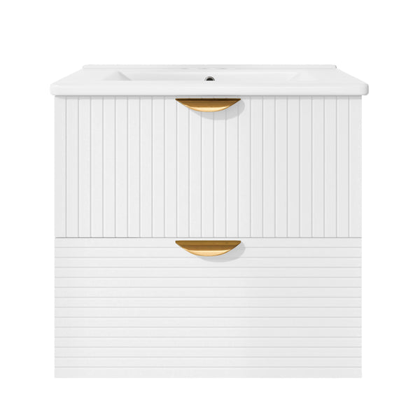 English Elm Modern 24-Inch Wall-Mounted Bathroom Vanity with 2 Drawers, Gold Handles, Space-Saving Luxury White WF324047AAK