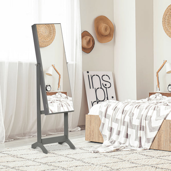 English Elm HOMCOM Lockable Floor Jewelry Cabinet with Full-Length Mirror, 100 Earring Slots, 105 Rings, Grey W2225P229260