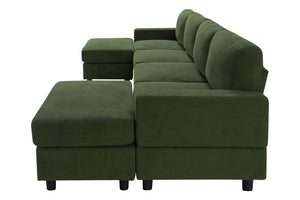 English Elm 98.8" Corduroy U-shaped Sectional with Modular Ottomans and Dense Foam for Family Rooms Green W5515S00031