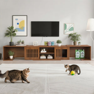 English Elm Mid-Century Extendable TV Stand 54.3"-80" with Hidden Cat House & Litter Enclosure, Walnut Finish N843P255637W