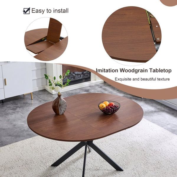 English Elm Extendable Round Dining Table Walnut Grain Top Matte Black Base Seats 4 to 6 W3875S00001