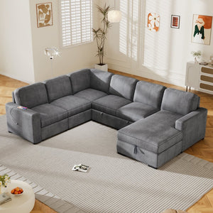 English Elm U_Style U-Shaped Corduroy Sectional Sofa With Storage & Usb Ports - 6-Seater Comfort For Any Space N711P235751E-GIGA