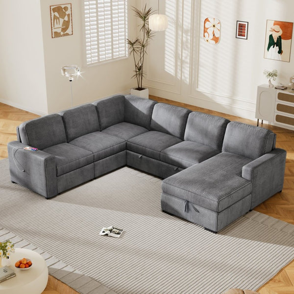 English Elm U_Style U-Shaped Corduroy Sectional Sofa With Storage & Usb Ports - 6-Seater Comfort For Any Space N711P235751E-GIGA