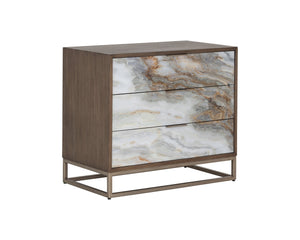 Sunpan Fuentes Nightstand - Luxurious Brown Oak Veneer with Mother of Pearl Design & Brass Steel Base Storage