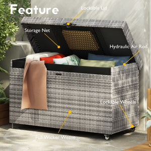 English Elm K&K 200 Gallon Wicker Deck Box with Lockable Lid, Hydraulic Pistons, Wheels, Weatherproof Storage Grey N707P245457G
