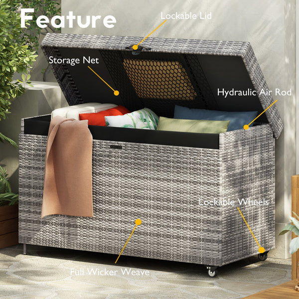 English Elm K&K 200 Gallon Wicker Deck Box with Lockable Lid, Hydraulic Pistons, Wheels, Weatherproof Storage Grey N707P245457G