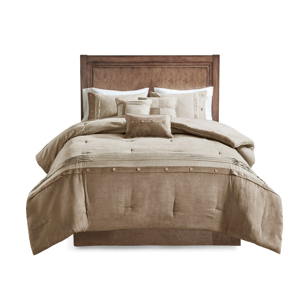 English Elm 7 Piece Faux Suede Comforter Set – Madison Park Boone Lodge Style King Ensemble with Embroidered Pillows Tan 23.62 L x 19.68 W x 16.93 H B03597130