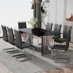 English Elm Table Set With Glass Top & 8 Black Pu Chairs - Stylish, Sturdy, And Easy To Assemble For Any Space W1151S02609-GIGA