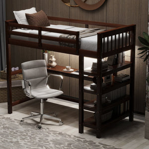 English Elm Twin Pine Loft Bed with Built-in Desk Open Shelves and Led Ambient Lighting Espresso GX000245AAP