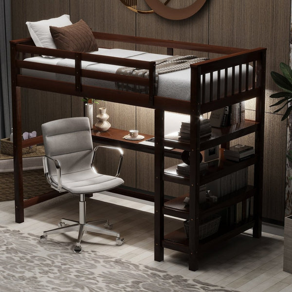 English Elm Twin Pine Loft Bed with Built-in Desk Open Shelves and Led Ambient Lighting Espresso GX000245AAP
