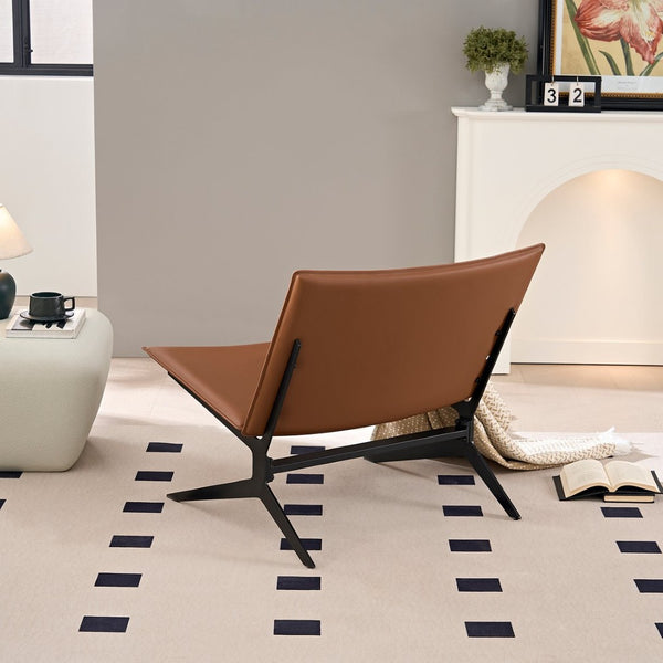 English Elm Modern Saddle Leather Accent Chair Curved Back Matte Iron Legs Compact Seating Brown W2085P399093