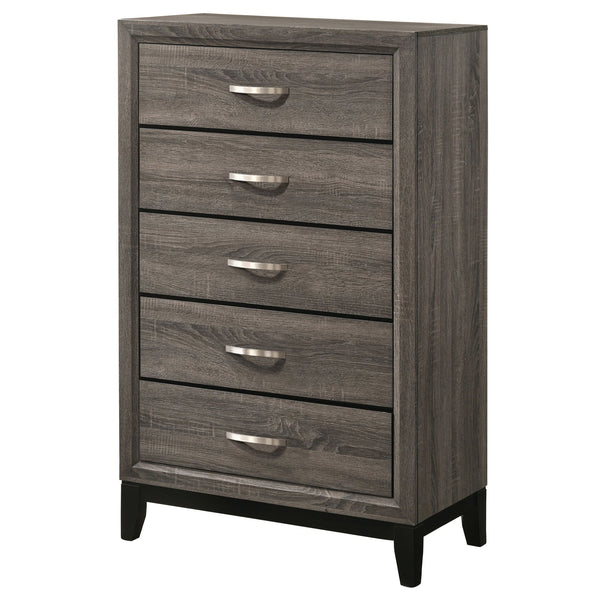 English Elm Gregory Grey Oak 5-Drawer Chest — Contemporary Grey Oak Finish, Durable Interlocking Joints, Modern Hardware Storage Elegance B062P331060
