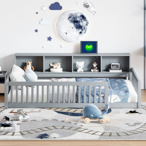 English Elm Wood Twin XL Floor Bed with Built-In Storage Cabinets, USB Charging Ports, Space-Saving Design Gray N709P205811E