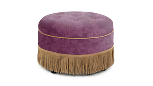 English Elm Yolanda 24" Round Upholstered Accent Ottoman, Purple Floral Sateen Jacquard With Gold Trim