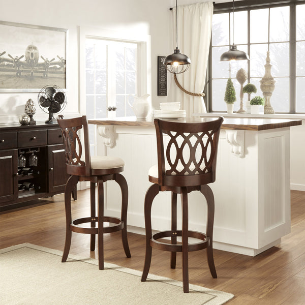 Jaxon Rubberwood Swivel Barstool with Scroll Back and Padded Upholstered Seat