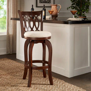 Jaxon Rubberwood Swivel Barstool with Scroll Back and Padded Upholstered Seat